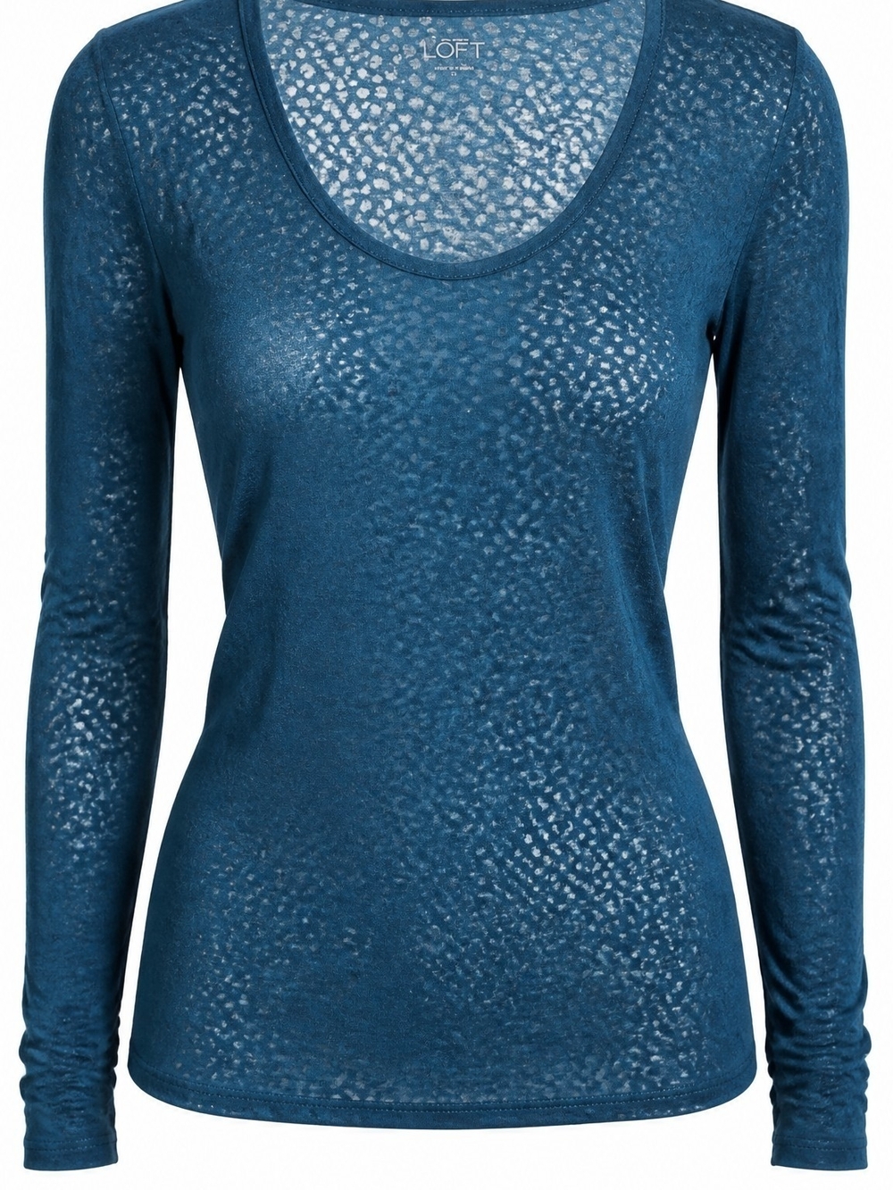 LOFT Teal Blue Long-Sleeve Scoop Neck Semi-Sheer Top SZ S